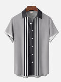 Vintage Navy And Gray Stripe Turndown Collar Button Down Short Sleeve Shirt