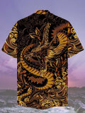 Eye-Catching Fashion Golden Dragon And Auspicious Clouds Pattern Printing Cuban Collar Hawaiian Short Sleeve Shirt