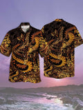 Eye-Catching Fashion Golden Dragon And Auspicious Clouds Pattern Printing Cuban Collar Hawaiian Short Sleeve Shirt