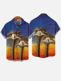 Tropical Hawaiian Intense Sunset And Ostrich Printing Short Sleeve Shirt