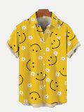Hawaiian Cartoon Doodle Cute Smiling Face Printing Breast Pocket Short Sleeve Shirt