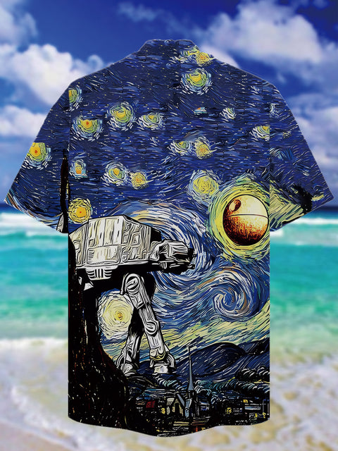 Eye-Catching Classic Famous Painting Starry Sky And Armored Walker Printing Cuban Collar Hawaiian Short Sleeve Shirt
