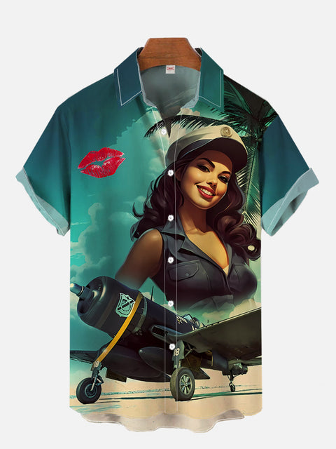 Vintage Pin Up Girl Poster Red Lips And Beauty Printing Short Sleeve Shirt