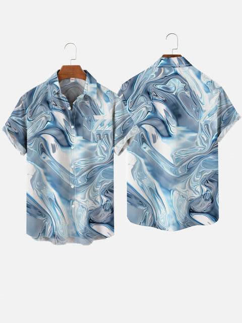Abstract Marbling Liquid Flowing Texture Printing Breast Pocket Short Sleeve Shirt