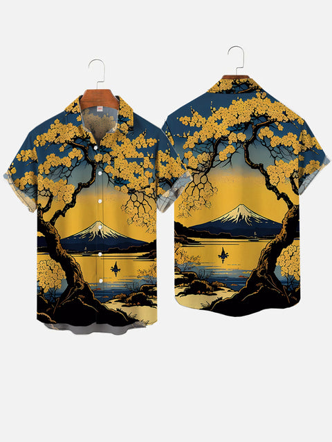 Ukiyo-E Japanese Style Mount Fuji And Yellow Floral Printing Breast Pocket Short Sleeve Shirt