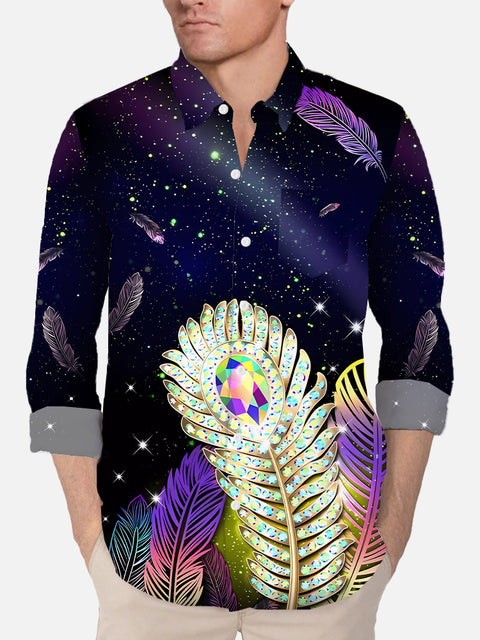 Mardi Gras Carnival Colored Diamond Feathers Printing Breast Pocket Long Sleeve Shirt