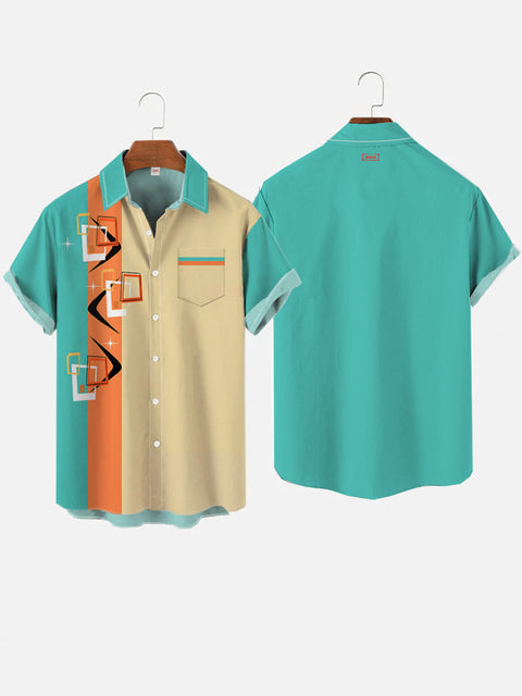 Retro Multicolor Striped Bowling Medieval Geometry Pattern Hawaiian Printing Breast Pocket Short Sleeve Shirt