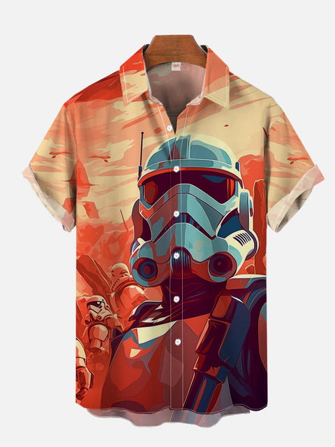 Gradient Orange Sci-Fi Space Warriors Poster Printing Short Sleeve Shirt