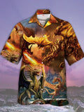 Eye-Catching Stunning Style Lightning Flame Dragon Fighting Printing Cuban Collar Hawaiian Short Sleeve Shirt