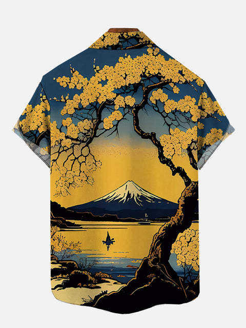 Ukiyo-E Japanese Style Mount Fuji And Yellow Floral Printing Breast Pocket Short Sleeve Shirt