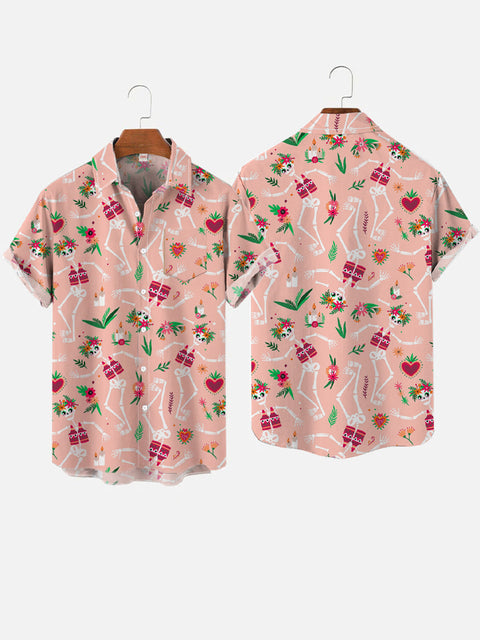 Pink Cinco De Mayo Mexican Dancing Skull Pattern Printing Breast Pocket Short Sleeve Shirt