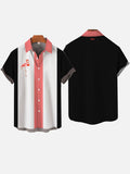 Black White Wide Stripe Pink Flamingo Printing Breast Pocket Short Sleeve Shirt