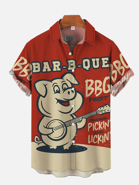 Retro Red And Wheat Stitching Adorable Pig Playing Guitar P-Chef BBQ Printing Short Sleeve Shirt