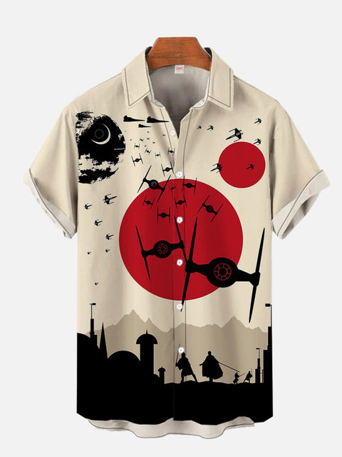 Space War Spaceship And Warrior Silhouette Under Red Sun Printing Short Sleeve Shirt