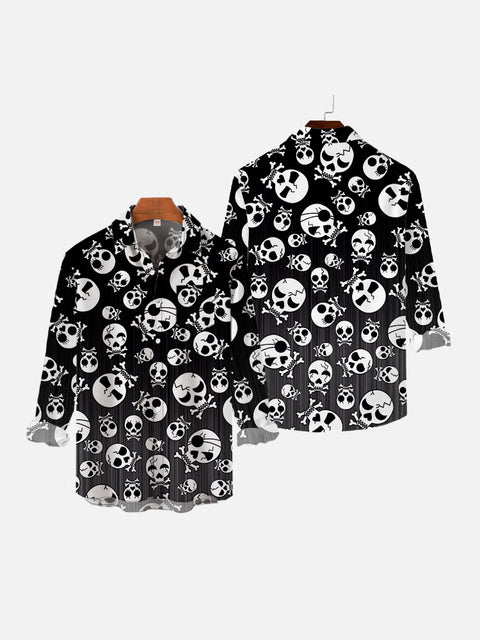 Black And White Halloween Pirate Skulls Printing Breast Pocket Long Sleeve Shirt