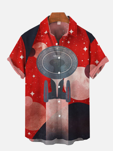 Retro Red Space Poster Spaceship And Stars Printing Short Sleeve Shirt