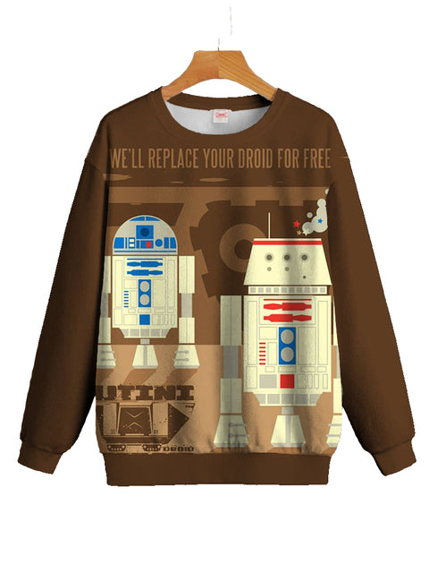 Brown Cartoon Space War Robots Printing Round Collar Sweatshirt