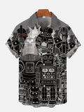 Black Line Style Cartoon Mechanical Robot And Space Samurai Printing Short Sleeve Shirt