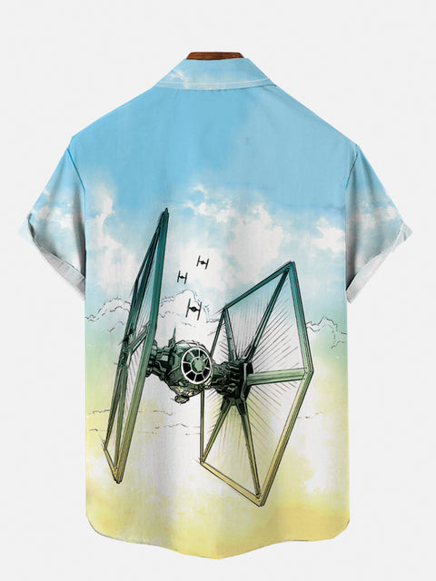 Comic Style Sci-Fi Spaceship Fleet In Clear Sky Printing Breast Pocket Short Sleeve Shirt