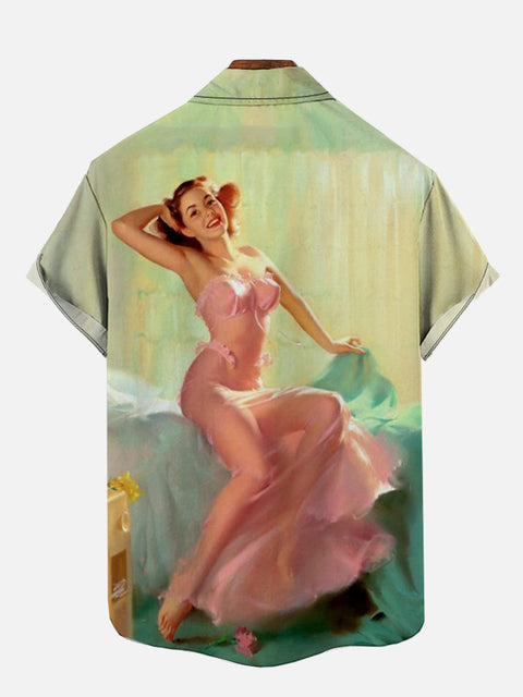 Vintage Pin Up Girl Poster Beauty In Pink Nightgown Printing Breast Pocket Short Sleeve Shirt