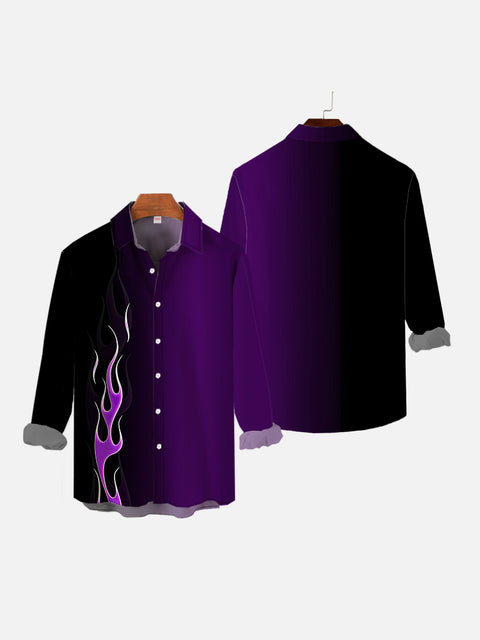 Gradient Black And Purple With Blazing Fire Printing Long Sleeve Shirt