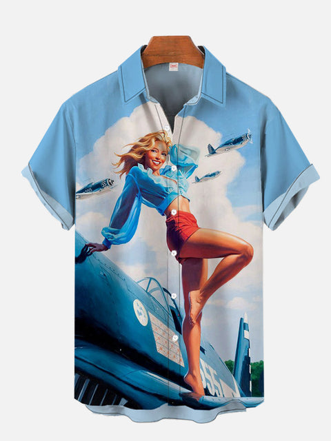 Vintage Pin Up Airplane Art Retro Girl And Jet Aircrafts Printing Short Sleeve Shirt