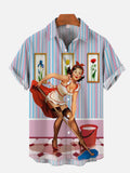 Vintage Pin Up Girl Poster Colorful Flower Mural And Girl Cleans Room Printing Short Sleeve Shirt