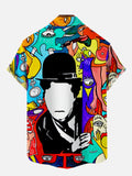 Abstract Hippie Colorful Hand Drawn Doodle Style Silent Movie Character Printing Breast Pocket Short Sleeve Shirt