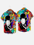 Abstract Hippie Colorful Hand Drawn Doodle Style Silent Movie Character Printing Breast Pocket Short Sleeve Shirt