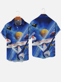 Retro Poster Blue Fantasy Space Sci-Fi Spaceship Printing Short Sleeve Shirt