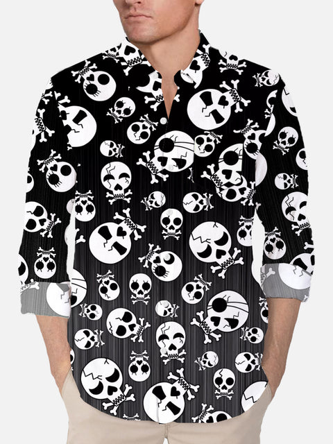 Black And White Halloween Pirate Skulls Printing Breast Pocket Long Sleeve Shirt