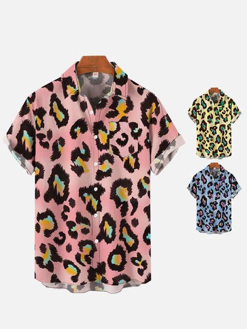Domineering Pink Leopard Print Printing Breast Pocket Short Sleeve Shirt