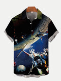 Sci-Fi Fantasy Future Planet And Spaceship Printing Short Sleeve Shirt