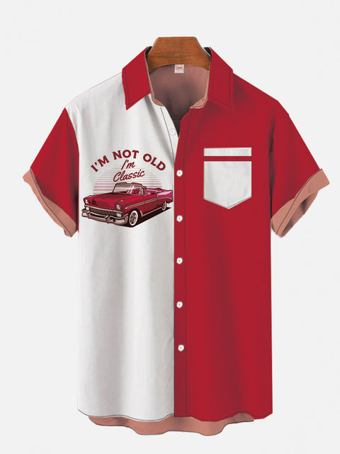 Retro Color Block Design I'm Not Old I'm Classic Funny Car Printing Breast Pocket Short Sleeve Shirt