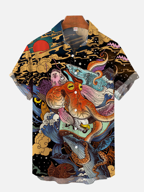 Blue Art Ukiyo-e Fantasy Behemoth Printing Short Sleeve Shirt