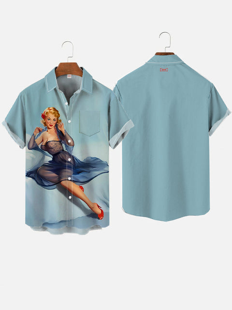 Blue Vintage Pin Up Girl Poster Sexy Beauty Printing Breast Pocket Short Sleeve Shirt