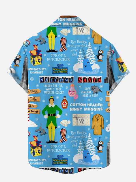 Blue Cartoon Family Christmas Decoration Guard And Coat Printing Short Sleeve Shirt