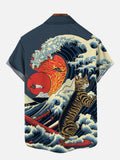 Ukiyo-E Ocelot Surfing In Lava Waves Printing Short Sleeve Shirt