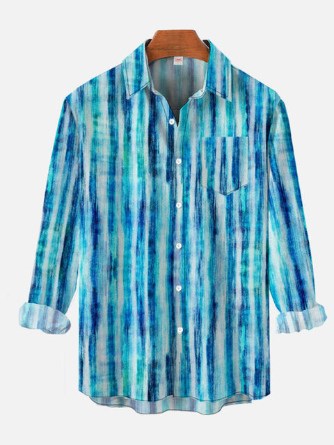Vintage Blue Gradient Tie Dye Stripes Printing Breast Pocket Long Sleeve Shirt