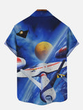 Retro Poster Blue Fantasy Space Sci-Fi Spaceship Printing Short Sleeve Shirt