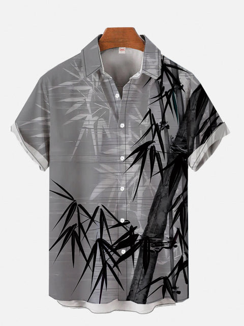 Grey Ink Painting Bamboo And Leaves Printing Short Sleeve Shirt