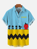 Classic Yellow And Blue Spliced 50s Cartoon Character Silhouettes And Red Doghouse Printing Breast Pocket Short Sleeve Shirt