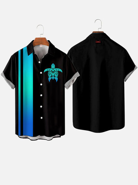 Vintage Gradient Black And Blue Stripes Art Neon Ocean Tribal Turtle Printing Short Sleeve Shirt