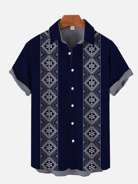 50s Navy And Tribal Style Stripes Printing Short Sleeve Shirt