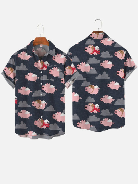 Cute Cartoon Angel Flying Pigs Printing Breast Pocket Short Sleeve Shirt