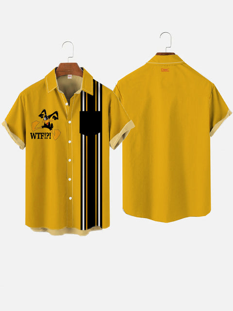 Retro Yellow And Black Stripes And Cartoon Duck Printing Breast Pocket Short Sleeve Shirt