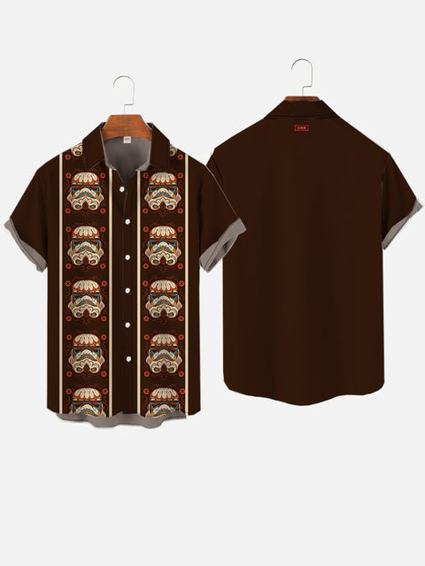 50S Retro Brown Stripes And Space War Samurai Helmet Printing Short Sleeve Shirt