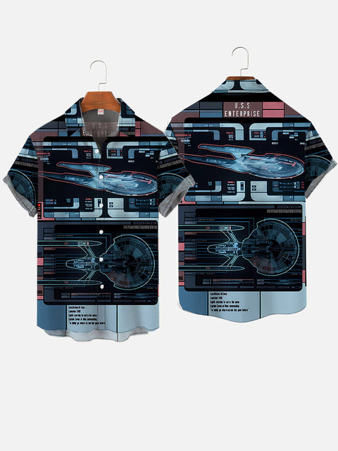 Futuristic Style Sci-Fi Interstellar Travel Fleet Spaceship Control Console Printing Short Sleeve Shirt
