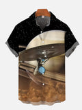 Black Starry Night Foggy Space Sci-Fi Starship And Planet Printing Short Sleeve Shirt