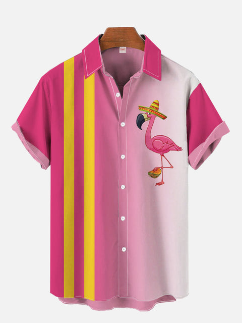 Gradient Pink Mexican Flamingo And Stripes Printing Short Sleeve Shirt